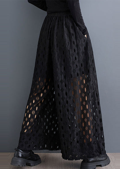 Out Black Natural Hollow Leg Summer Trousers Wide Pants FashionChic