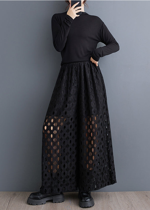 Out Black Natural Hollow Leg Summer Trousers Wide Pants FashionChic