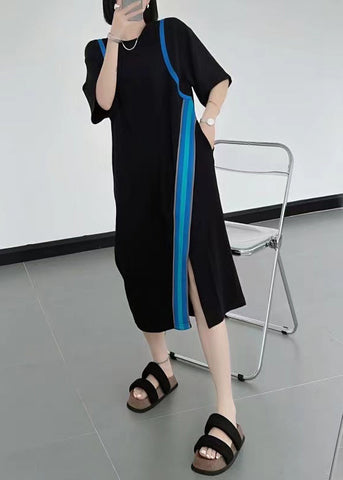 Natural Black O-Neck Asymmetrical Patchwork Cotton Dresses Summer WW1024 Ada Fashion