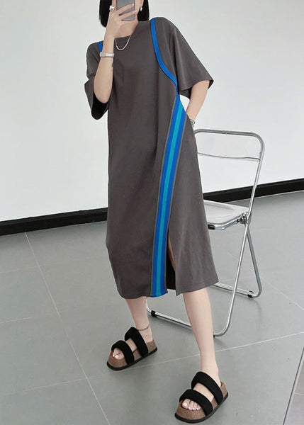 Natural Black O-Neck Asymmetrical Patchwork Cotton Dresses Summer WW1024 Ada Fashion