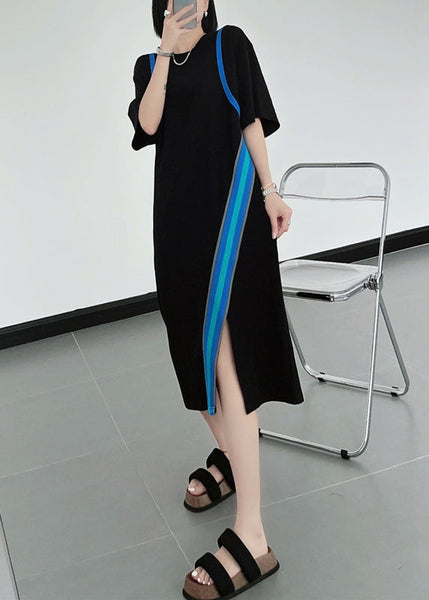 Natural Black O-Neck Asymmetrical Patchwork Cotton Dresses Summer WW1024 Ada Fashion