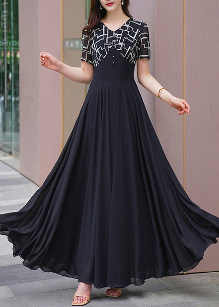 Chiffon Dresses Patchwork Summer Long Black Natural V Neck FashionChic