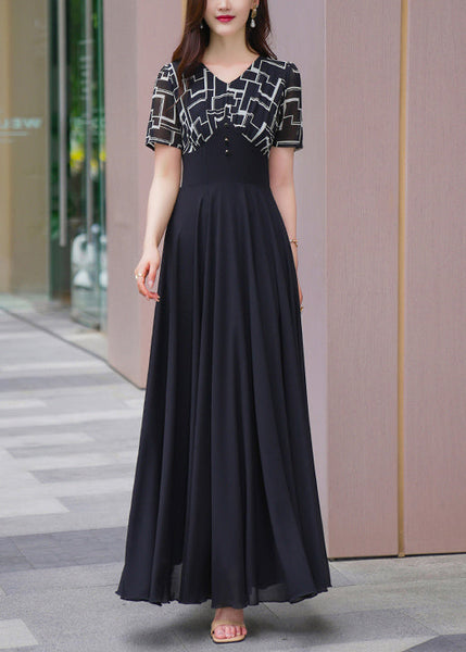 Chiffon Dresses Patchwork Summer Long Black Natural V Neck FashionChic