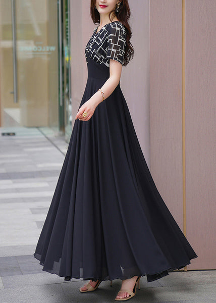 Chiffon Dresses Patchwork Summer Long Black Natural V Neck FashionChic