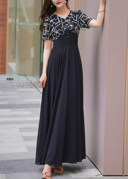 Chiffon Dresses Patchwork Summer Long Black Natural V Neck FashionChic