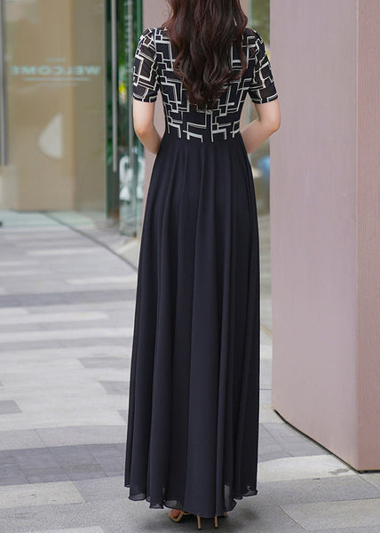 Chiffon Dresses Patchwork Summer Long Black Natural V Neck FashionChic