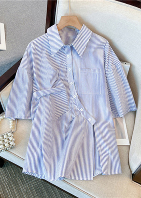 Natural Blue Asymmetrical Patchwork Wrinkled Pockets Shirt Short Sleeve VB1072 Ada Fashion