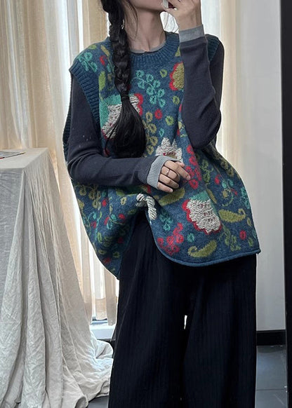 Natural Blue O Neck Print Cotton Knit Vest Sleeveless TI038