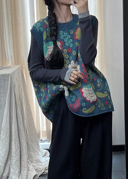 Natural Blue O Neck Print Cotton Knit Vest Sleeveless TI038