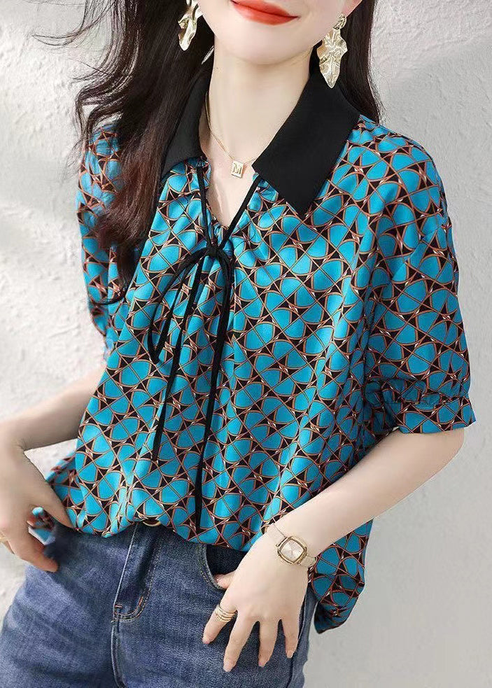 Natural Blue Peter Pan Collar Print Silk Shirts Summer BV011 MZF-STP240702