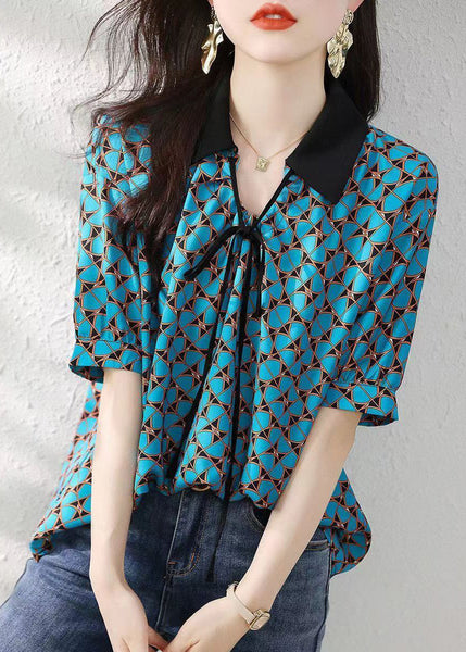 Natural Blue Peter Pan Collar Print Silk Shirts Summer BV011 MZF-STP240702