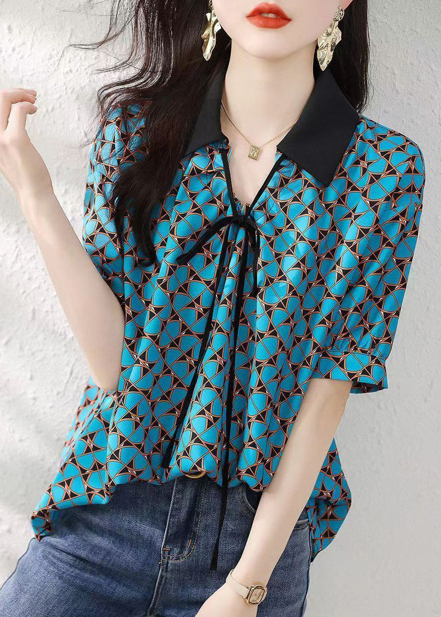 Natural Blue Peter Pan Collar Print Silk Shirts Summer BV011 MZF-STP240702
