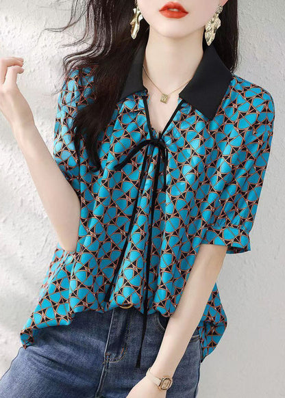 Natural Blue Peter Pan Collar Print Silk Shirts Summer BV011 MZF-STP240702