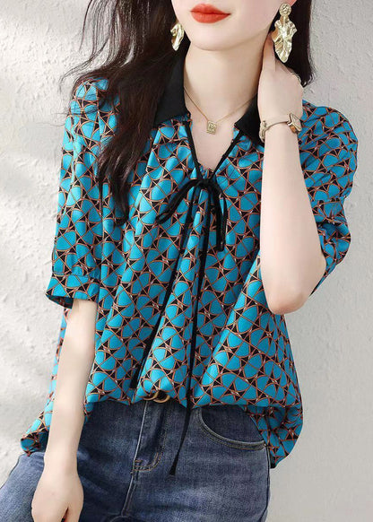 Natural Blue Peter Pan Collar Print Silk Shirts Summer BV011 MZF-STP240702