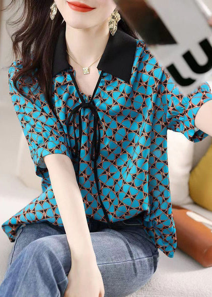 Natural Blue Peter Pan Collar Print Silk Shirts Summer BV011 MZF-STP240702