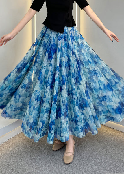 Natural Waist Blue Tulle Print Elastic Skirts Summer A Line FashionChic