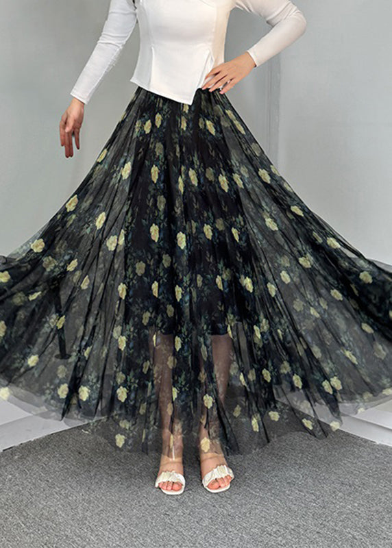 Natural Waist Blue Tulle Print Elastic Skirts Summer A Line FashionChic