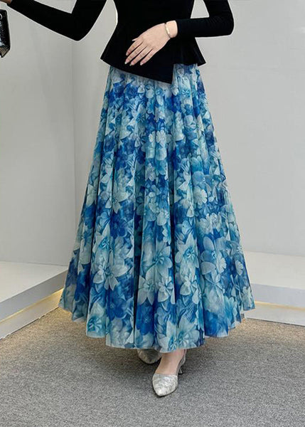 Natural Waist Blue Tulle Print Elastic Skirts Summer A Line FashionChic