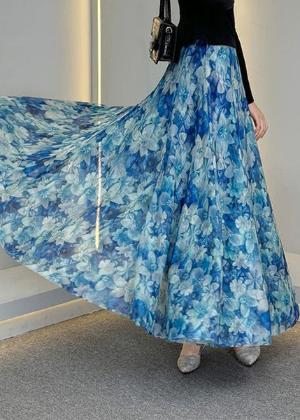Natural Waist Blue Tulle Print Elastic Skirts Summer A Line FashionChic