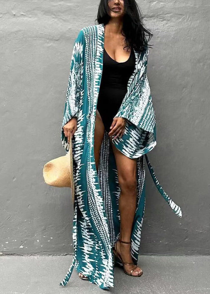 Natural Blue Tie Dye Tie Waist Seabeach Rash Long Smock Long Sleeve GH1008 Ada Fashion