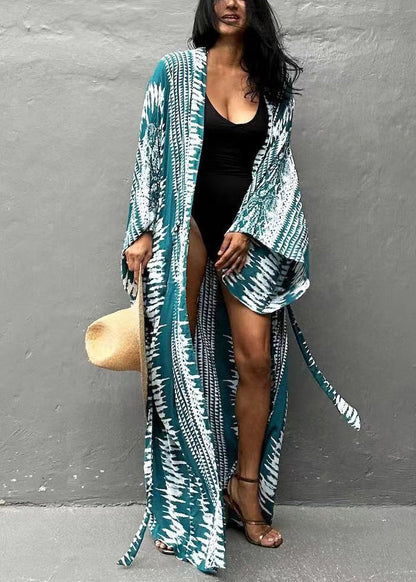 Natural Blue Tie Dye Tie Waist Seabeach Rash Long Smock Long Sleeve GH1008 Ada Fashion