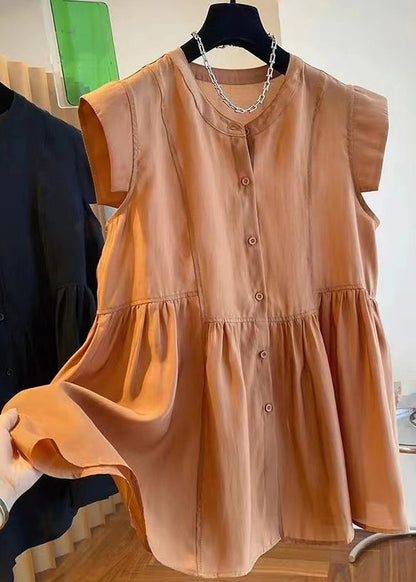 Natural Caramel Wrinkled Patchwork Button Chiffon Shirt Short Sleeve VB1066 Ada Fashion