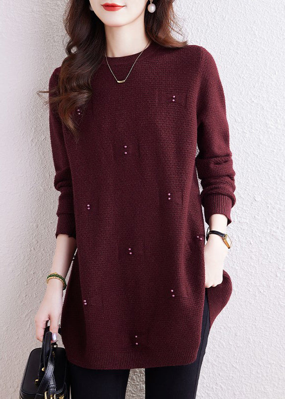 Natural Coffee O-Neck Nail Bead Solid Cotton Knit Sweaters Winter TE033 ABC