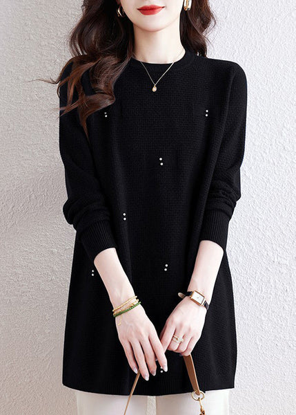 Natural Coffee O-Neck Nail Bead Solid Cotton Knit Sweaters Winter TE033 ABC