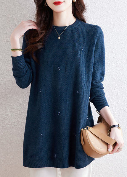 Natural Coffee O-Neck Nail Bead Solid Cotton Knit Sweaters Winter TE033 ABC