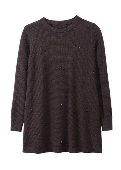 Natural Coffee O-Neck Nail Bead Solid Cotton Knit Sweaters Winter TE033 ABC