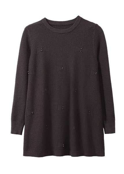 Natural Coffee O-Neck Nail Bead Solid Cotton Knit Sweaters Winter TE033 ABC