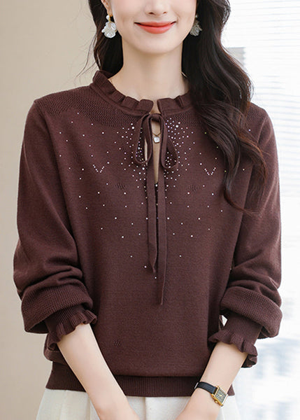 Natural Coffee Ruffled Tie Lace Thick Cotton Knit Sweater Puff Sleeve TE030 ABC