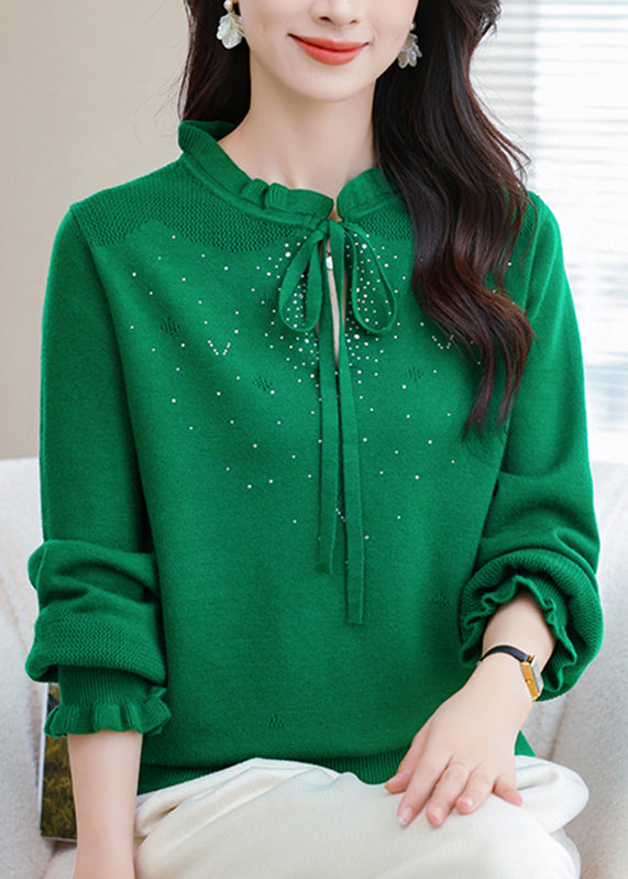 Natural Coffee Ruffled Tie Lace Thick Cotton Knit Sweater Puff Sleeve TE030 ABC