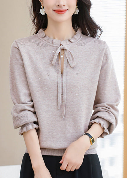 Natural Coffee Ruffled Tie Lace Thick Cotton Knit Sweater Puff Sleeve TE030 ABC