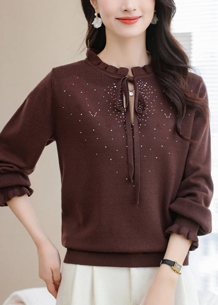 Natural Coffee Ruffled Tie Lace Thick Cotton Knit Sweater Puff Sleeve TE030 ABC