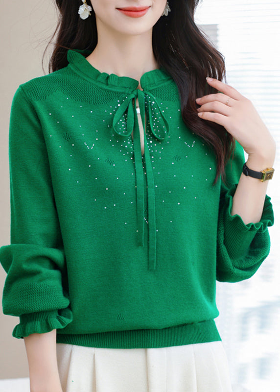 Natural Coffee Ruffled Tie Lace Thick Cotton Knit Sweater Puff Sleeve TE030 ABC