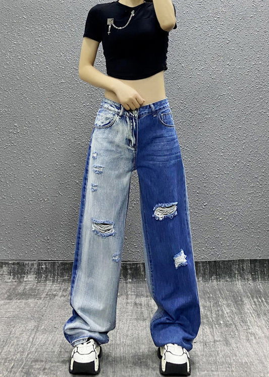 Natural Colorblock Pockets Ripped Denim Straight Pants Fall RI004 ABC