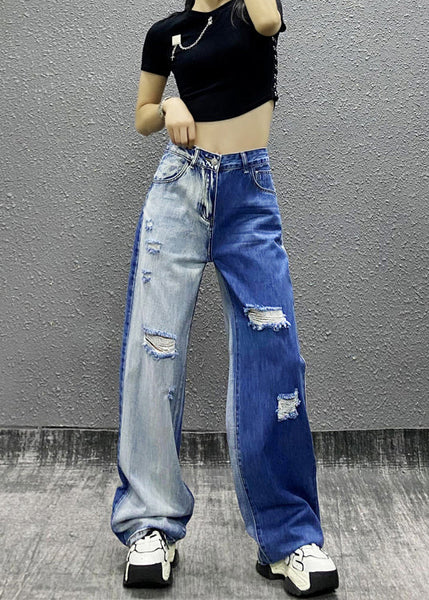 Natural Colorblock Pockets Ripped Denim Straight Pants Fall RI004 ABC