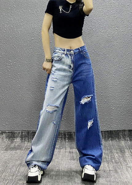 Natural Colorblock Pockets Ripped Denim Straight Pants Fall RI004 ABC