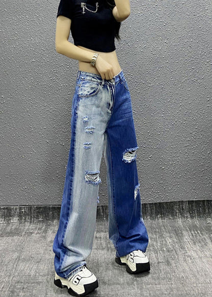 Natural Colorblock Pockets Ripped Denim Straight Pants Fall RI004 ABC