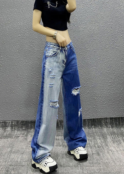Natural Colorblock Pockets Ripped Denim Straight Pants Fall RI004 ABC