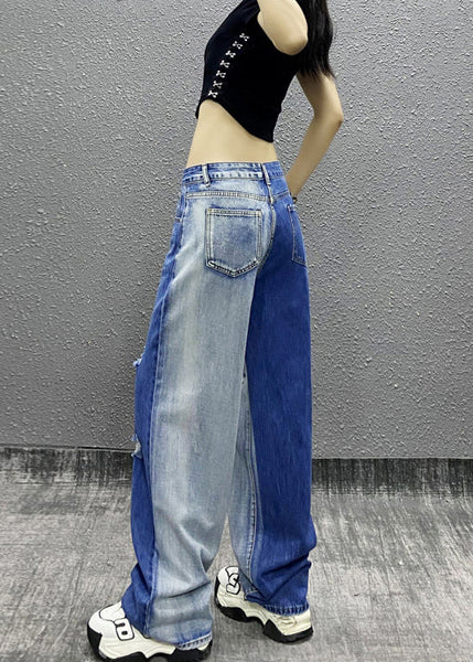 Natural Colorblock Pockets Ripped Denim Straight Pants Fall RI004 ABC