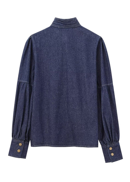 Shirt Natural Spring Dark Denim Stand Bow Blue Patchwork Collar FashionChic