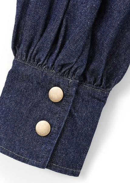 Shirt Natural Spring Dark Denim Stand Bow Blue Patchwork Collar FashionChic