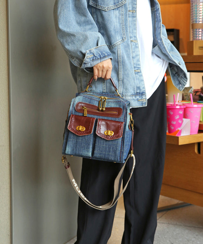 Natural Denim Blue Patchwork Canvas Backpack Bag MM033 Bag-BGS240620
