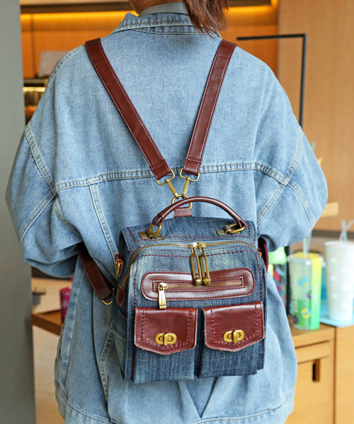 Natural Denim Blue Patchwork Canvas Backpack Bag MM033 Bag-BGS240620