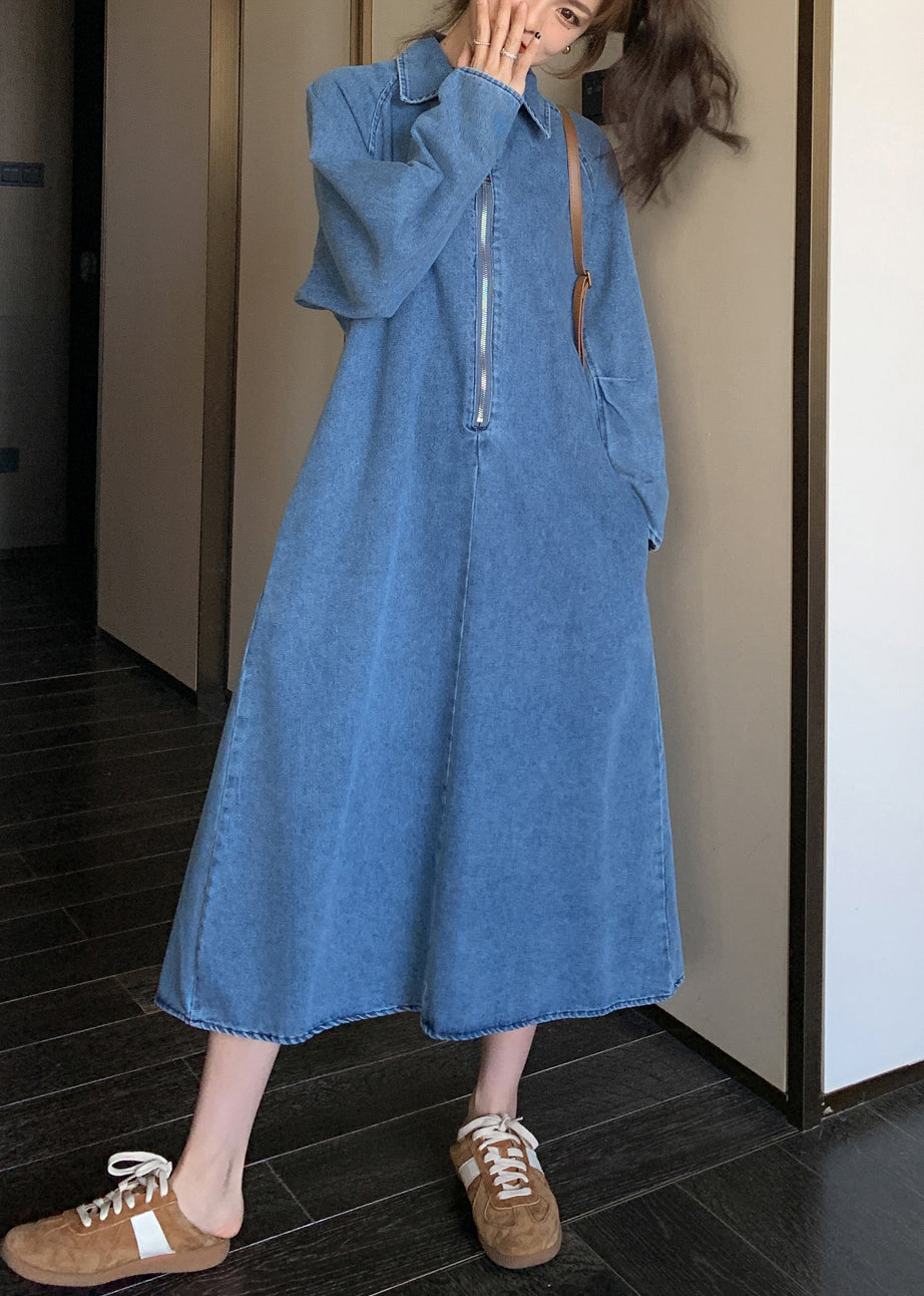 Natural Denim Blue Peter Pan Collar Zippered Patchwork Long Dress Fall WZ025 ABC