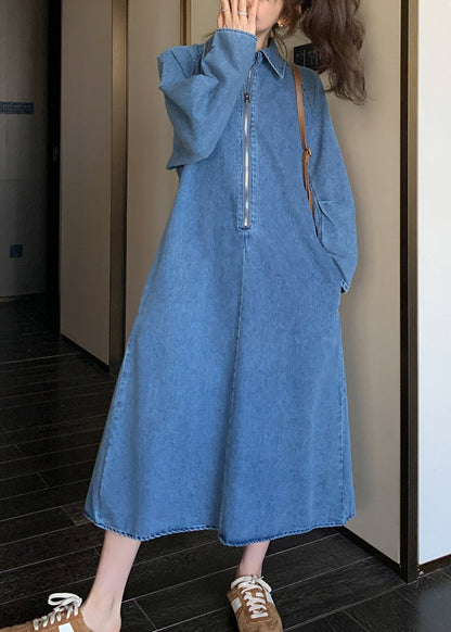 Natural Denim Blue Peter Pan Collar Zippered Patchwork Long Dress Fall WZ025 ABC