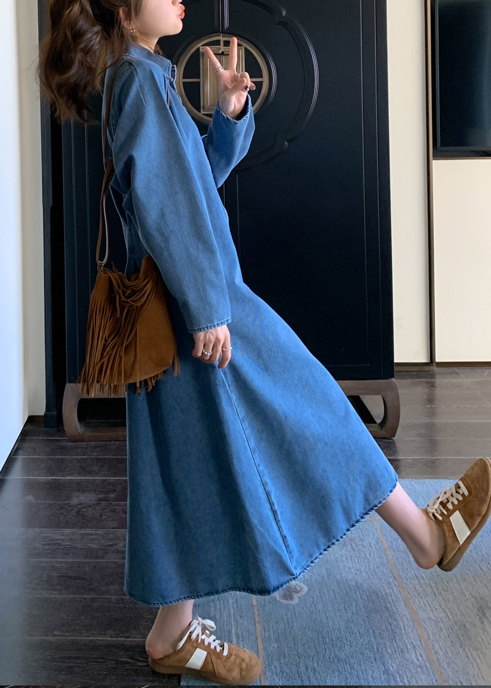 Natural Denim Blue Peter Pan Collar Zippered Patchwork Long Dress Fall WZ025 ABC