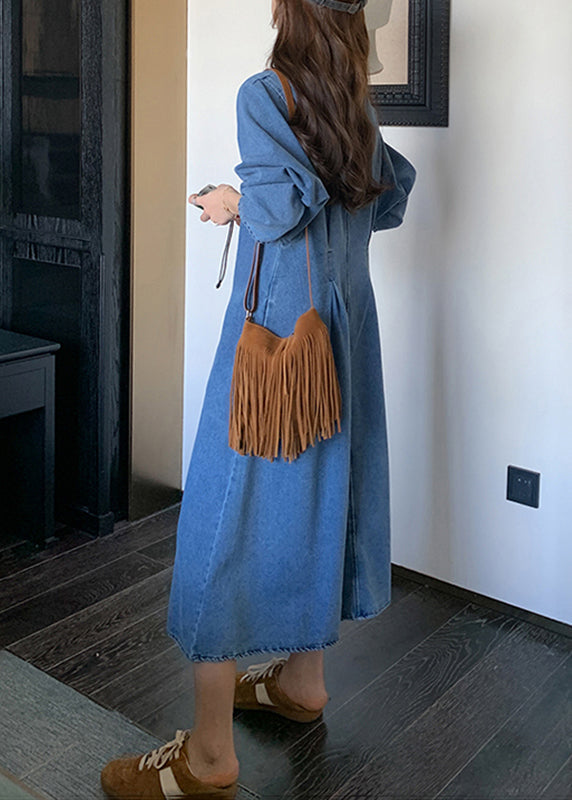 Natural Denim Blue Peter Pan Collar Zippered Patchwork Long Dress Fall WZ025 ABC